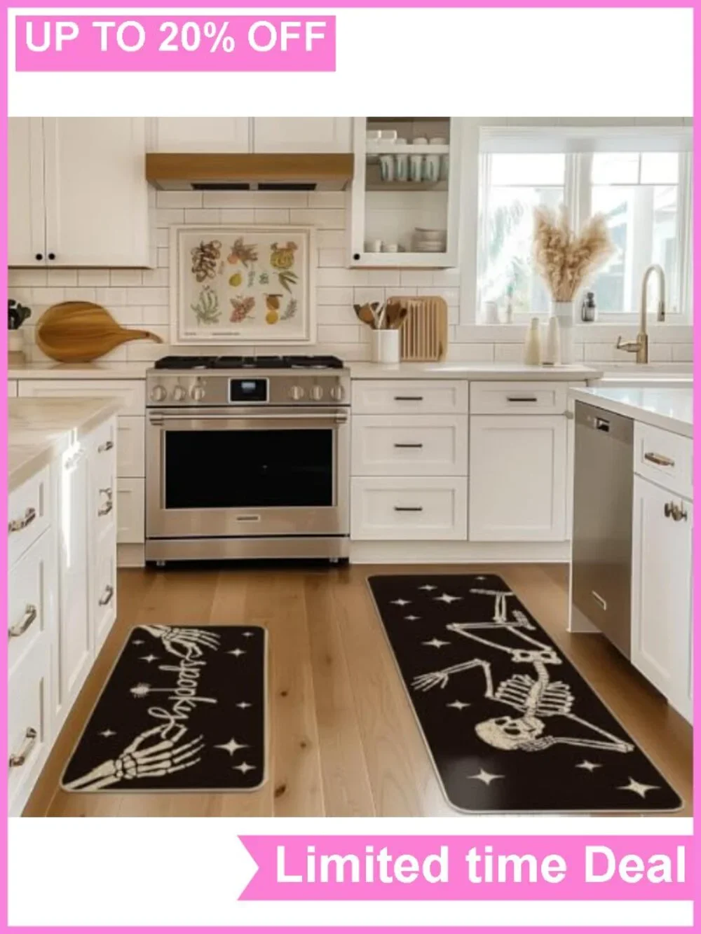 Kitchen Mats Set of 2 Non-Slip Rubber Polyester Felt Halloween Skeleton Spider